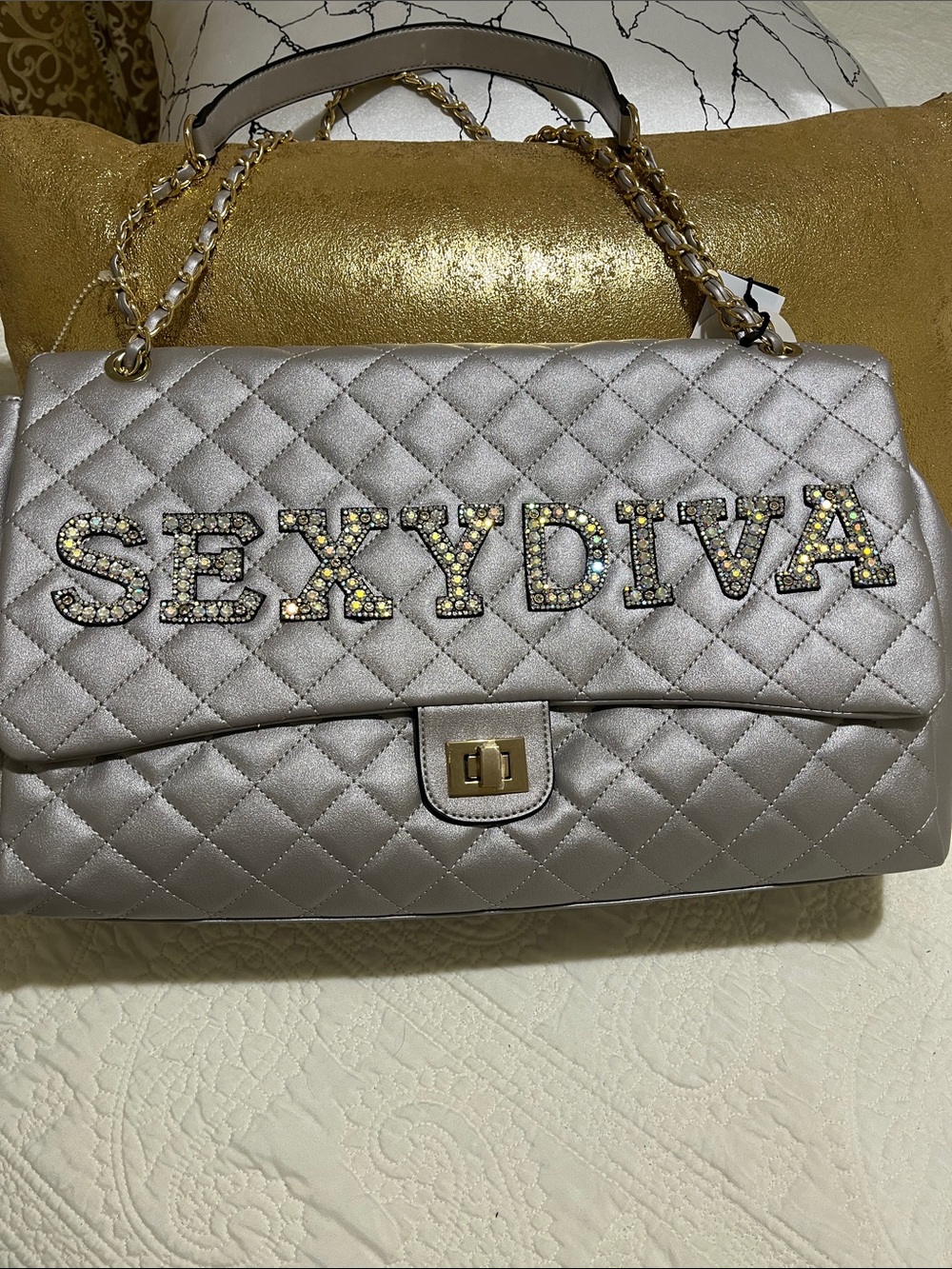 Quilted Shoulder Bag in Metallic Silver with Embellished 'SEXY DIVA' Detail